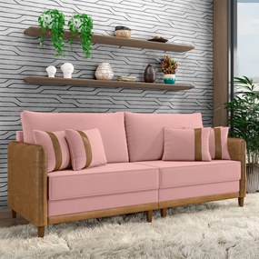 Sofá Living Montecarlo 2 Lugares Bipartido 212cm Pés em Madeira Veludo/PU Rosê/Caramelo G33 - Gran Belo