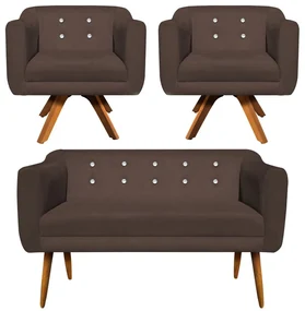 Kit 01 Namoradeira 02 Lugares e 02 Poltronas Giratória Julia Suede com Strass Base Madeira MM30 D'Rossi - Marrom