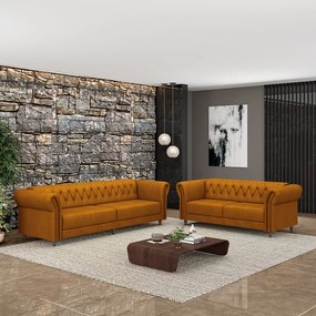 Conjunto de Sofá Sala de Estar Stanford Chesterfield 2 e 3 Lugares 200cm/240cm Pés Madeira Couro Mel G58 - Gran Belo