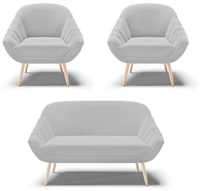 Kit 01 Namoradeira 02 Lugares e 02 Poltronas Giovana Suede Pés Palito Natural - D'Rossi - Cinza