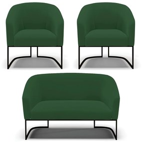 Namoradeira e 2 Poltronas Industrial Preto Stella Veludo Verde D03 - D'Rossi