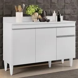 Balcão Gabinete 120cm Com Tampo 3 Portas 1 Gaveta Arizona Branco - Lum