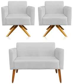 Kit 01 Namoradeira 02 Lugares e 02 Poltronas Marisa Suede Cinza Base Giratória Madeira MA30 D'Rossi