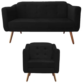 Kit Sofá Namoradeira + Poltrona Bruna Suede Preto Pé Palito