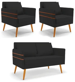Kit 01 Namoradeira 02 Lugares e 02 Poltronas Mari Veludo Pés Palito Castanho - D'Rossi - Preto