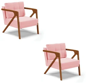 Kit 02 Poltronas Melissa Suede Base de Madeira Castanho - D'Rossi - Rosa BebĂŞ