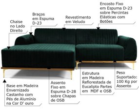 Sofá 4 Lugares Bipartido com Chaise Lado Direito Base de Madeira Euro 265 cm Veludo Verde G15 - Gran Belo
