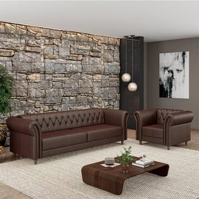 Conjunto Sala de Estar 1 Sofá Living 200cm e 1 Poltrona Stanford Chesterfield Pés Madeira Couro Marrom Brilho G58 - Gran Belo