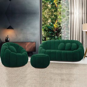 Sofá 2 Lugares com Puff e Poltrona Giratória Orgânica Cloud Bouclê Verde E03 - D'Rossi