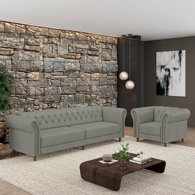 Conjunto Sala de Estar 1 Sofá Living 260cm e 1 Poltrona Stanford Chesterfield Pés Madeira Couro Cinza G58 - Gran Belo