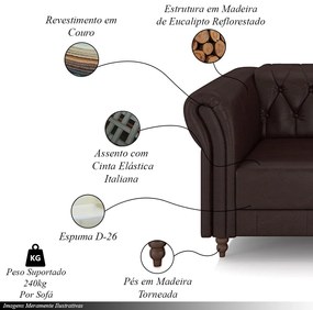 Conjunto de Sofá Sala de Estar Stanford Chesterfield 2 e 3 Lugares 200cm/260cm Pés Madeira Couro Wine Vinho G58 - Gran Belo