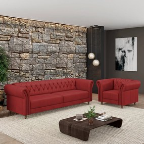 Conjunto Sala de Estar 1 Sofá Living 180cm e 2 Poltronas Stanford Chesterfield Pés Madeira Couro Vermelho G58 - Gran Belo