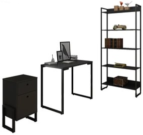 Kit Estante e Mesa Para Computador Porto 90 cm com Mesa de Cabeceira Wolli 2 Gavetas Preto e Cadeira Eiffel Preto