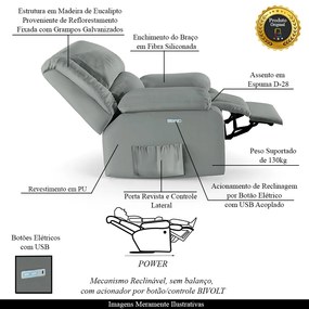 Poltrona do Papai Reclinável Melim Elétrica LED PU Cinza FH1 - D'Rossi