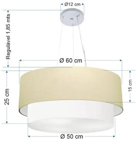 Lustre Pendente Duplo Cilíndrico Vivare Md-4082 Cúpula em Tecido 60x50cm - Bivolt