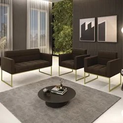 Sofá Namoradeira e 2 Poltronas Base Industrial Dourado Ana Suede Marro