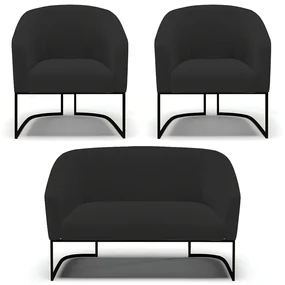 Namoradeira e 2 Poltronas Industrial Preto Stella Veludo D03 - D'Rossi - Preto