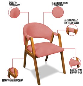 Cadeira Sala de Jantar Em Madeira kit 2 Yara Suede Rosê D03 - D'Rossi