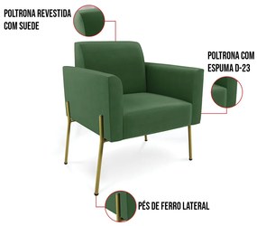 Poltrona Pé de Ferro Dourado Decorativa Kit 2 Marisa Suede D03 - D'Rossi - Verde