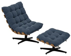 Kit 01 Poltrona e 01 Puff Giratório Costela Suede Base Metálica Preto - D'Rossi - Azul Marinho