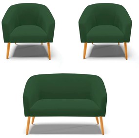Namoradeira e 2 Poltronas Pé Palito Castanho Stella Veludo Verde D03 - D'Rossi