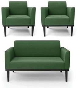 Sofá Namoradeira com 2 Poltronas Base de Madeira Fixa Preto Marisa Suede Verde D03 - D'Rossi