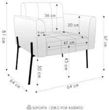 Poltrona Para Sala Pés Metálicos Preto Ana Sintético PU Nozes - Ibiza