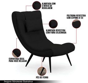 Poltrona Decorativa Sala de Estar Pés Palito Letty Veludo Luxo Preto G19 - Gran Belo