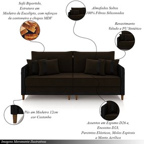 Sofá Living Montecarlo 3 Lugares Bipartido 252cm Pés em Madeira Veludo/PU Marrom/Preto G33 - Gran Belo