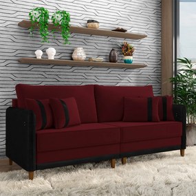 Sofá Living Montecarlo 2 Lugares Bipartido 192cm Pés em Madeira Veludo/PU Bordô/Preto G33 - Gran Belo