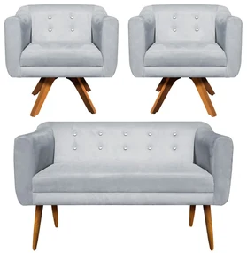 Kit 01 Namoradeira 02 Lugares e 02 Poltronas Giratória Julia Suede Cinza com Strass Base Madeira MM30 D'Rossi