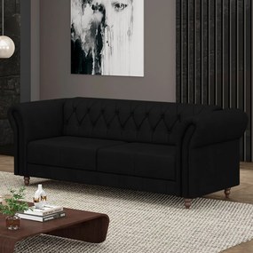 Sofá Living Sala de Estar Stanford Chesterfield 2 Lugares 200cm Pés de Madeira Couro Preto G58 - Gran Belo