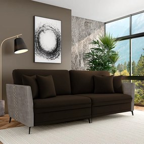 Sofá Living Decorativo Zagreb 2 Lugares 222cm com Almofadas Pés de Ferro Veludo/PU Marrom/Cinza G33 - Gran Belo