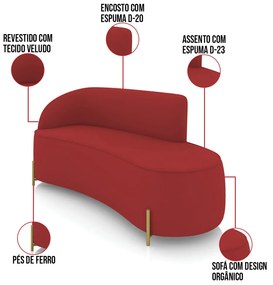 Sofá 3 Lugares Orgânico 180cm Pé Ferro Dourado Morgan Veludo Marsala D03 - D'Rossi