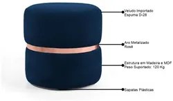 Kit 2 Puffs Decorativos Com Cinto Rosê Round C-304 Veludo Azul Marinho