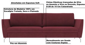 Sofá Decorativo Sala de Estar 210cm Olívia Suede Bordô G52 - Gran Belo