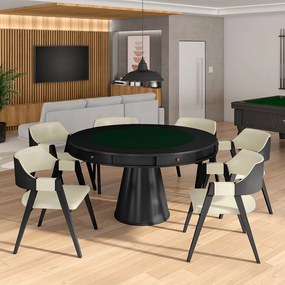 Conjunto Mesa de Jogos Carteado Bellagio Tampo Reversível e 6 Cadeiras Madeira Poker Base Cone PU OffWhite/Preto G42 - Gran Belo