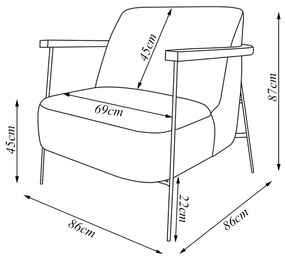 Poltrona Sala de Estar Pés em Ferro Preto Braço Madeira Maciça 86cm Thane Bouclê Off White G63 - Gran Belo