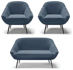Kit 01 Namoradeira 02 Lugares e 02 Poltronas Giovana Suede Pés Palito De Ferro - D'Rossi - Azul Marinho