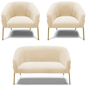 Namoradeira e 2 Poltronas Pé de Ferro Dourado Stella Suede D03 - D'Rossi - Bege