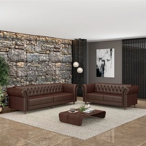 Conjunto de Sofá Sala de Estar Stanford Chesterfield 2 e 3 Lugares 200cm/260cm Pés Madeira Couro Marrom Brilho G58 - Gran Belo