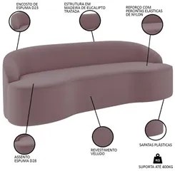 Sofá 4 Lugares para Sala de Estar Living 230cm Theo D06 Veludo Rosa -