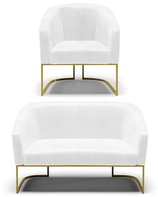 Sofá Namoradeira e Poltrona Base Industrial Dourado Stella Sintético PU D03 - D'Rossi - Branco