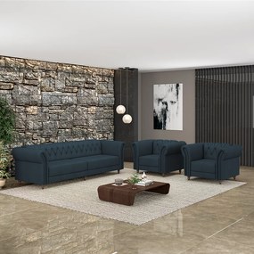 Conjunto Sala de Estar 1 Sofá Living 240cm e 2 Poltronas Stanford Chesterfield Pés Madeira Couro Azul Marinho G58 - Gran Belo