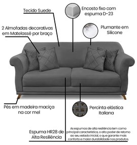 Sofá 2 Lugares Pé de Madeira Julieta 180 cm Suede S04 - D'Rossi - Cinza