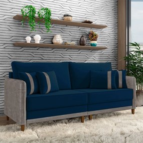 Sofá Living Montecarlo 3 Lugares Bipartido 232cm Pés em Madeira Veludo/PU Azul/Cinza G33 - Gran Belo