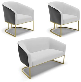 Namoradeira 2 Poltronas Industrial Dourado Stella Pto/Linho Cinza D03 - D'Rossi