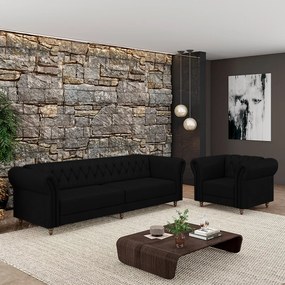 Conjunto Sala de Estar 1 Sofá Living 240cm e 1 Poltrona Stanford Chesterfield Pés Madeira Couro Preto G58 - Gran Belo