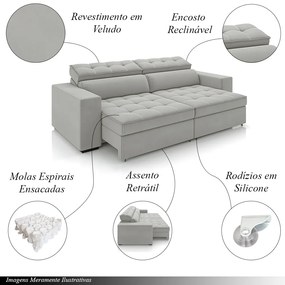 Sofá Decorativo Hugo 4 Lugares 300cm Reclinável e Retrátil Veludo Cinza Claro G45 - Gran Belo