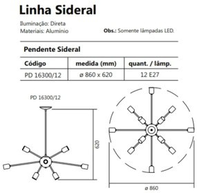 Pendente Sideral Ø86X62Cm 12Xe27 | Usina 16300/12 (DR-V - Dourado Escovado)